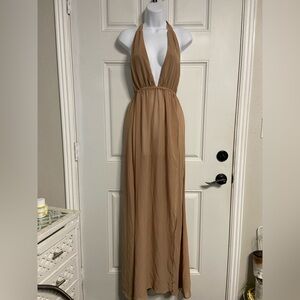 T27- MYRA SWIM Nude Brown Faux Wrap Halter Maxi Cover-Up BEACH Dress